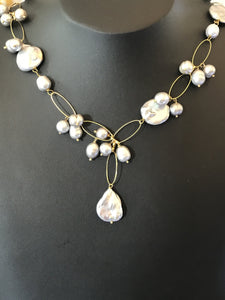 Grey Coin pearl crystal and gold bead necklace