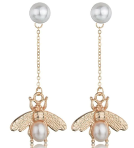 Bee earring on chain with Pearl Stud and Pearl Body