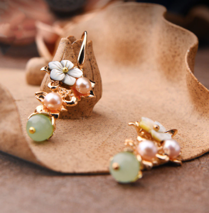 Flower Jade/Pearl Flower  Drop Earrings